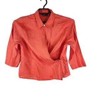 Women's Coral Valerie By Valerie Stevens 100% Linen Wrap Blouse Top 3/4 Sleeve L